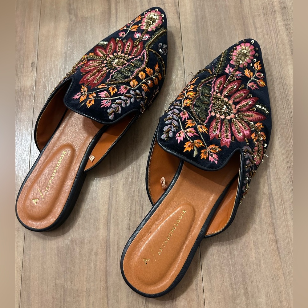 Anthropologie Multicolor Embroidered Mules